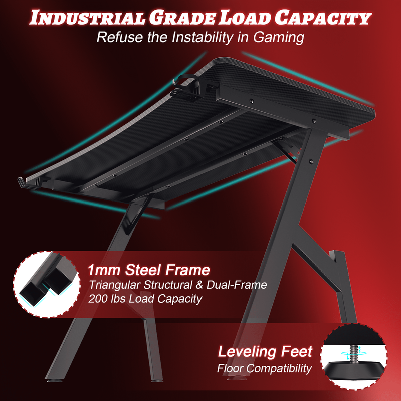 55 Inch Gaming Desk, Ergonomic Gaming Table, Computer Desk with Headphone Hook &2