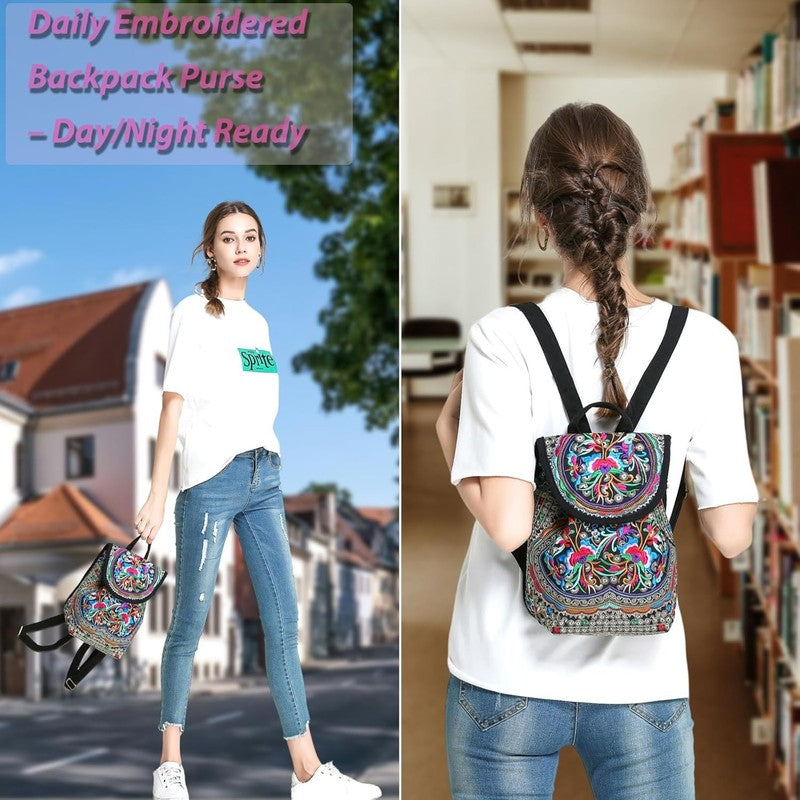 Women Embroidered Backpack Boho Floral Mini Travel Shoulder Bag Lightweight Red25