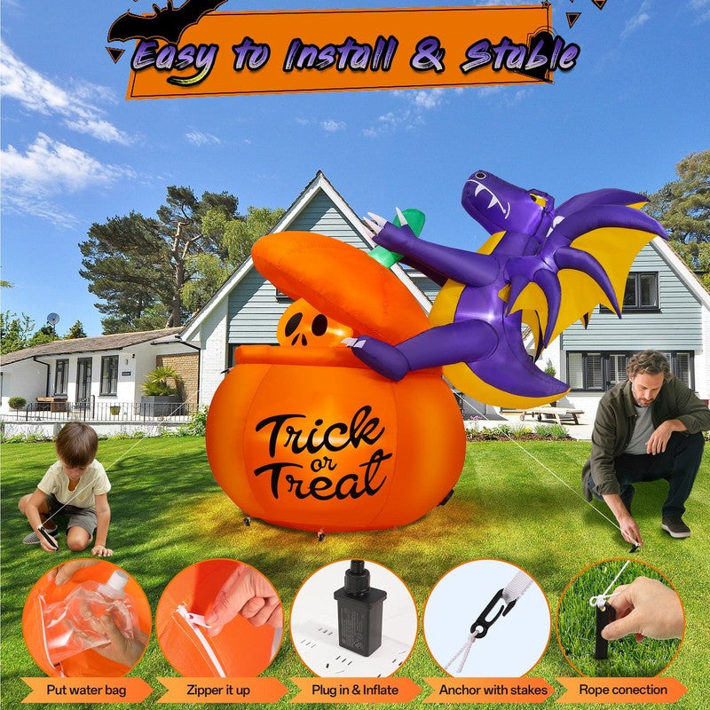 6Ft Halloween Inflatable Pumpkin Dinosaur w/ Lights Outdoor Decoration2