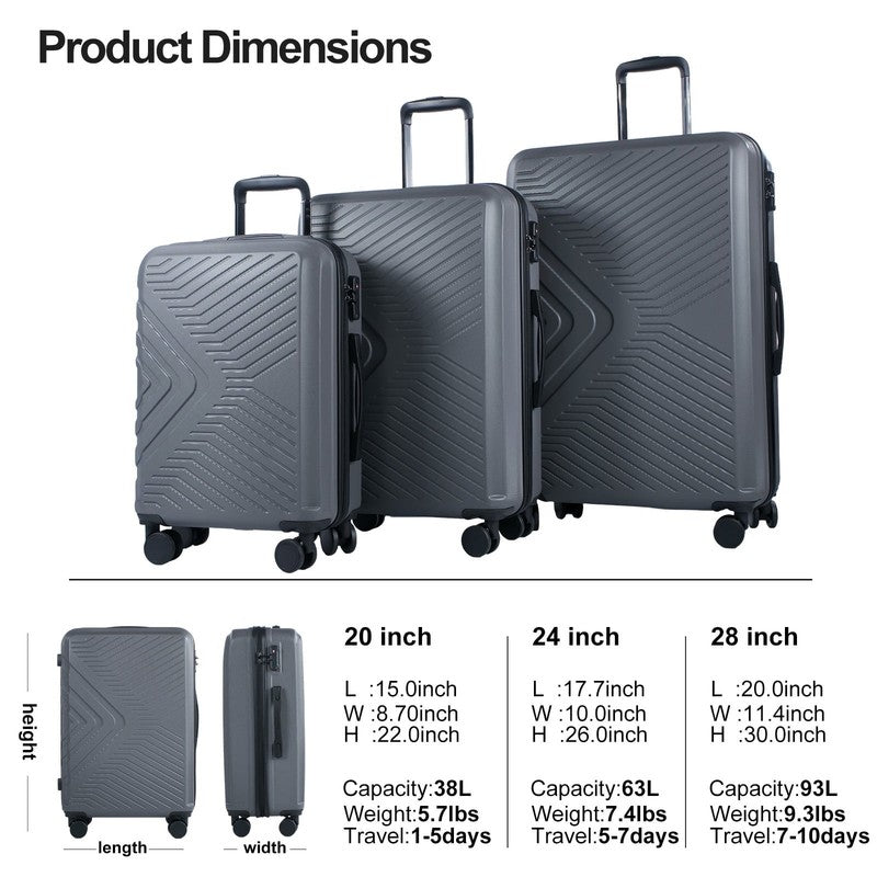 3Pc Hardside Luggage Set TSA Lock Spinner Wheels 20 24 28in Gray8