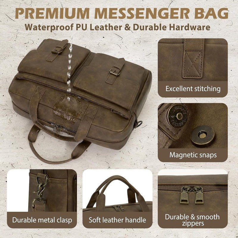 Mens Messenger Bag 16in Leather Laptop Briefcase Vintage Satche Dark Brown5