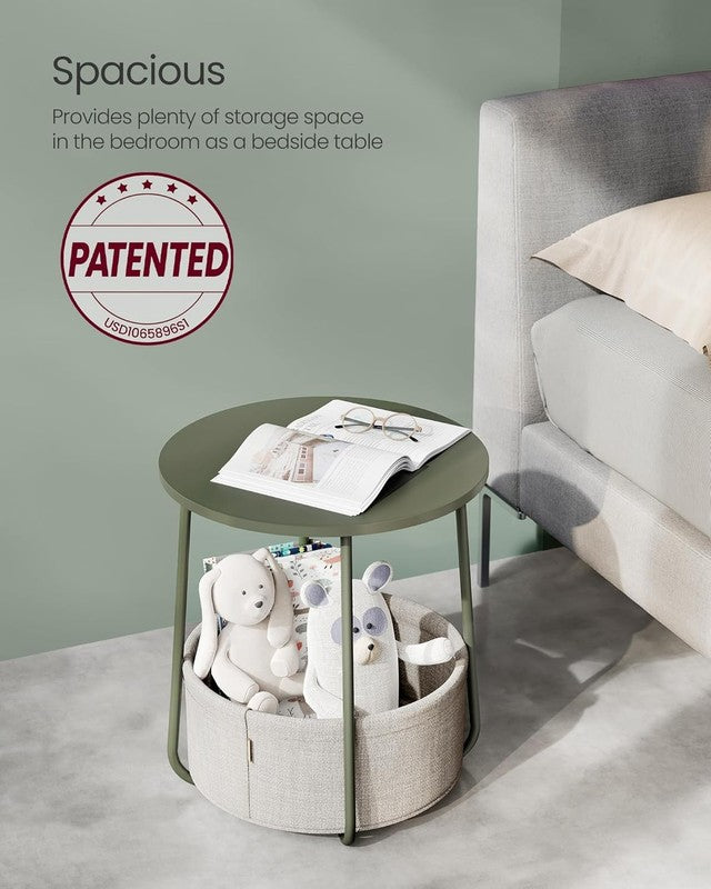 Small Round Side Table Nightstand with Fabric Basket Forest Green Cream White3
