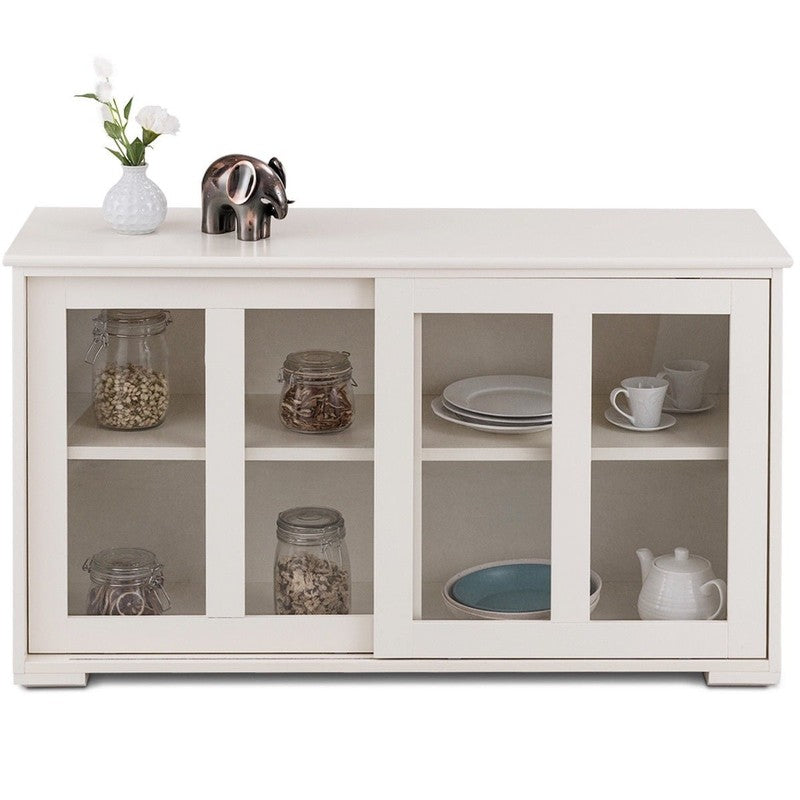Off-White Kitchen Sideboard Buffet Storage Cabinet with Glass Sliding Doors9