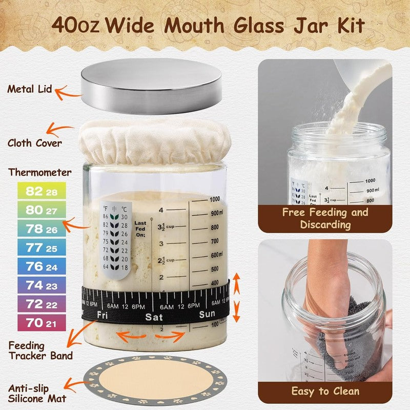 Sourdough Starter Kit w/ 40oz Jar, 9" Round & 10" Oval Banneton Baskets, Sling2