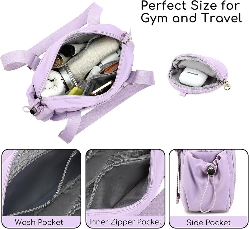 Mini Gym Bag Women Quilted Duffel Wet Compartment Yoga Dance Tote Purple 12.6"3