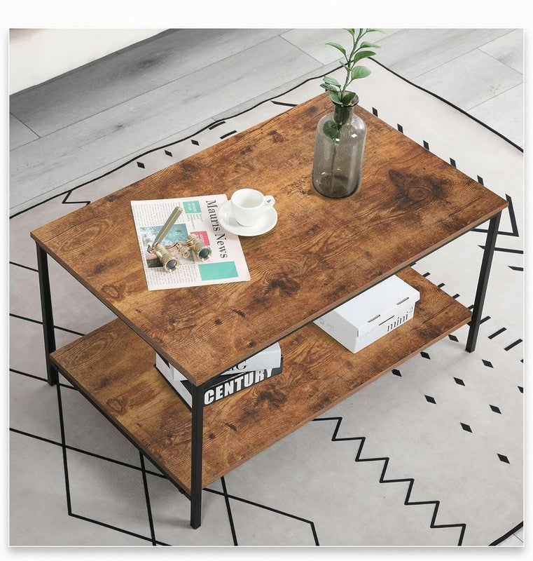 Small Brown Wood & Metal Coffee Table with Storage Shelf for Living Room1