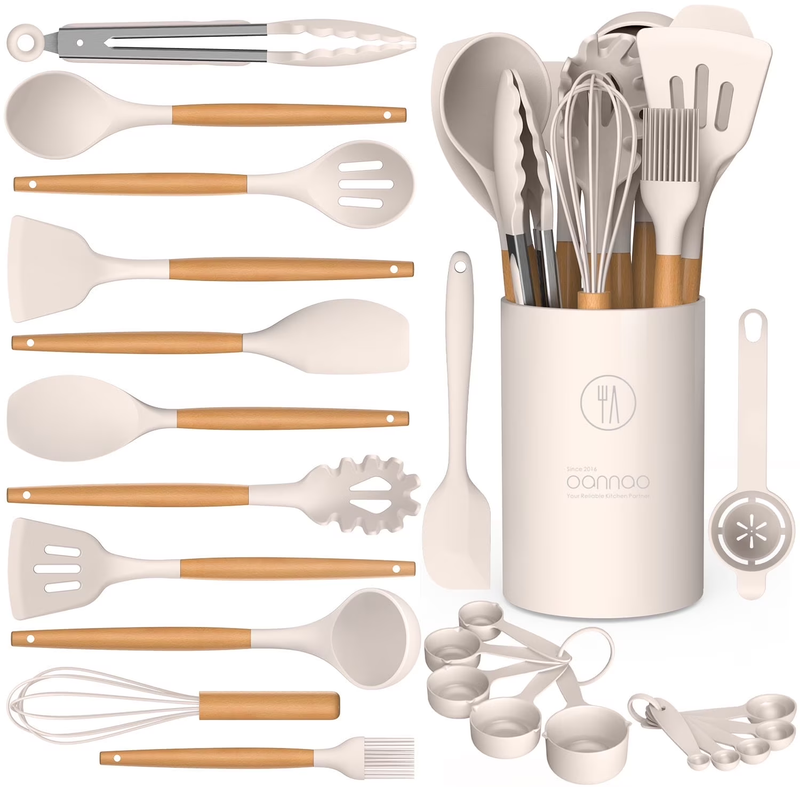 Silicone Kitchen Utensil Set Wooden Handle Holder Heat Resistant Khaki0