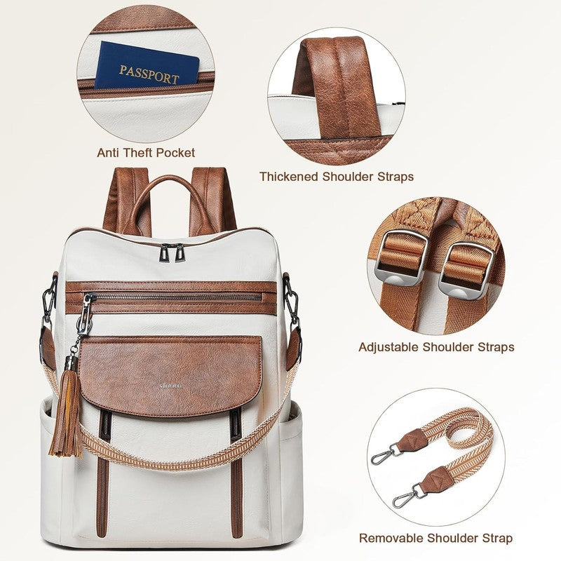 Women Laptop Backpack 15.6" Leather Travel Work Water Resistant Beige Brown7