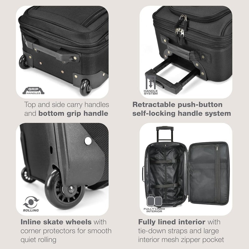 Rio Fabric Expandable Carry On Luggage, Rolling Suitcase, Black, 2 Wheel Set3