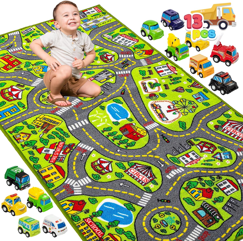 Kids Play Rugs - 12 Pull-Back Vehicle Set - Durable Carpet Playmat Rug - City Pr8