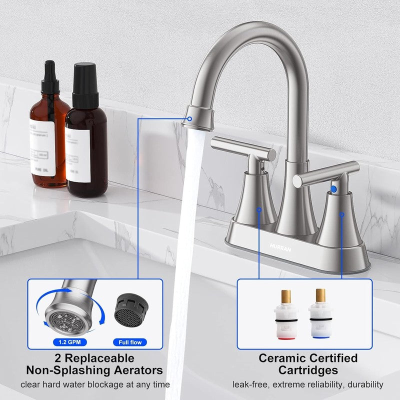 2 Pack Brushed Nickel Bathroom Sink Faucet 4" Centerset w/ Drain Hoses3