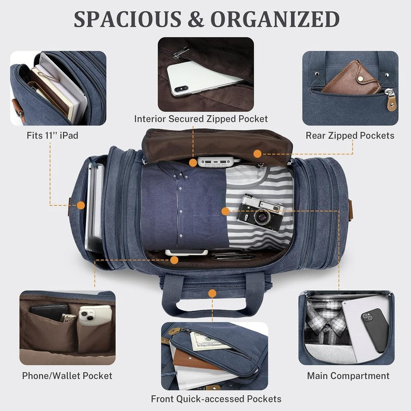 60L Expandable Canvas Duffle Bag Denim Blue Travel Weekender Carry On3