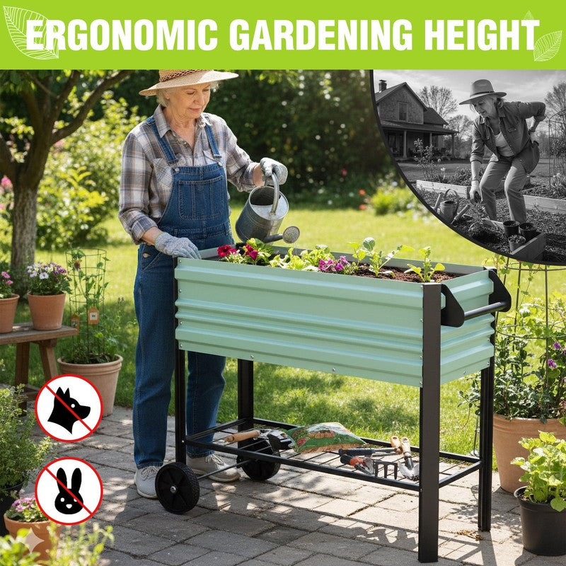 37In Outdoor Galvanized Raised Garden Bed with Legs and Wheels -Light Green3
