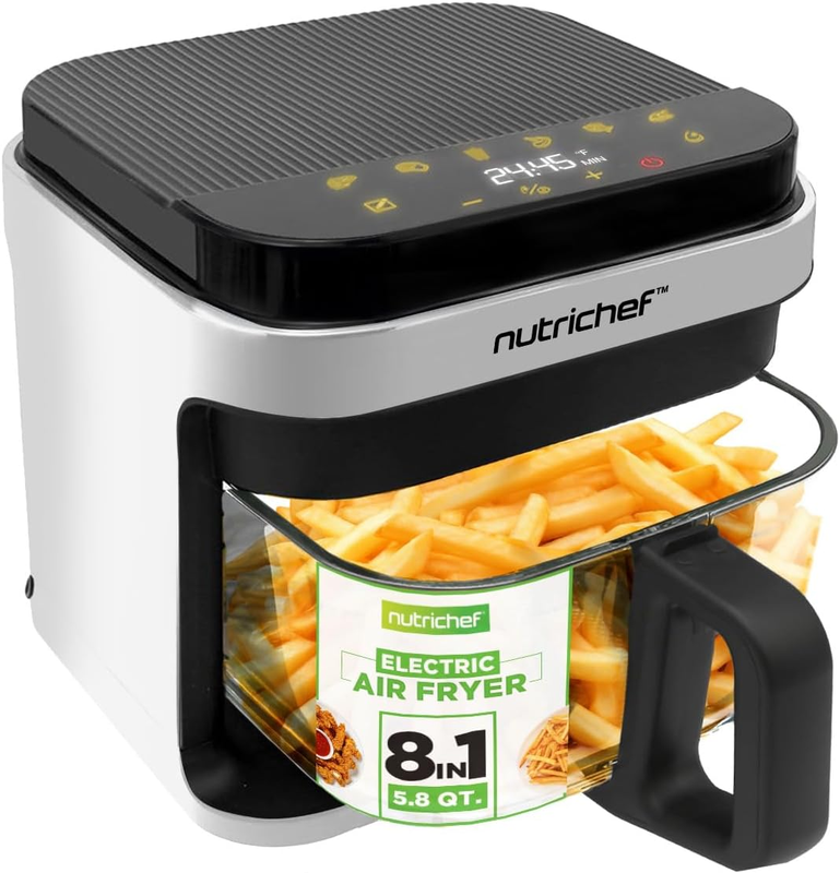 5.8Qt Air Fryer 8-in-1 w/ Transparent Bowl Precise Temp Control White0