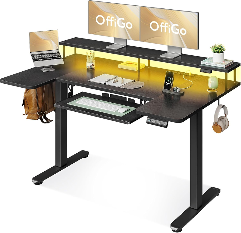 55" U Shaped Electric Standing Desk w/ Keyboard Tray LED Lights Black11