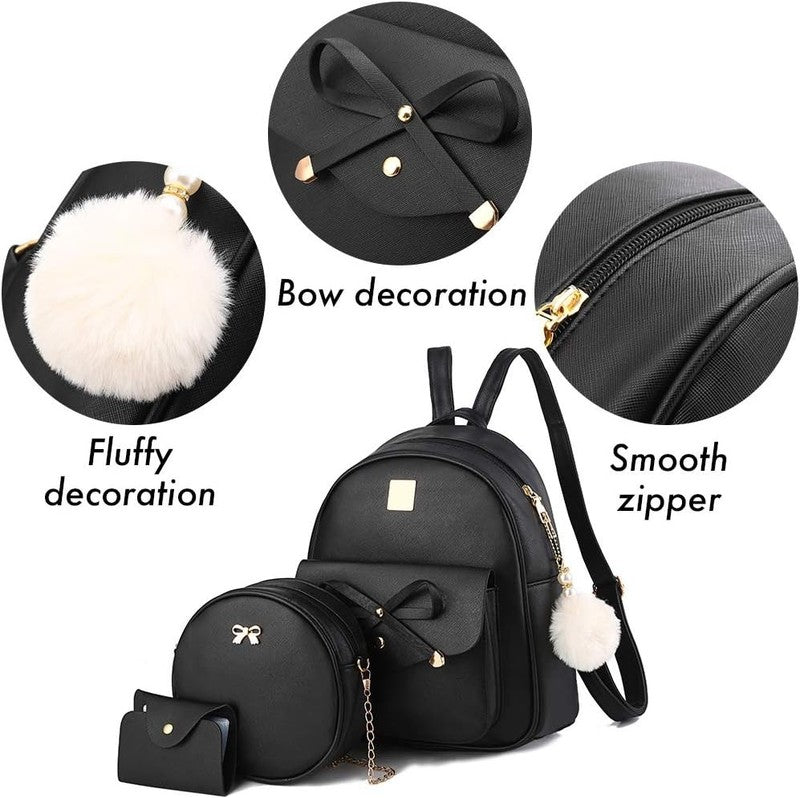 Girls Bowknot 3-Pieces Fahsion Leather Backpack Backpack Purse for Women Rucksac3