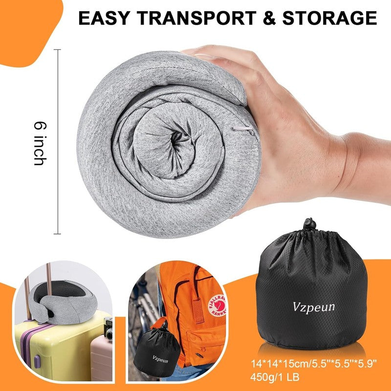 Hooded Memory Foam Travel Neck Pillow w/ Eye Mask & Earplugs – Light Gray5