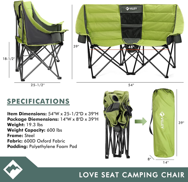 Heavy Duty Double Camping Chair w/ Cooler Bag Cup Holders 600lb Load1