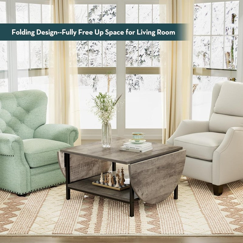 2 Tier Folding Coffee Table, Gray Wash, Vintage Farmhouse, with Storage6
