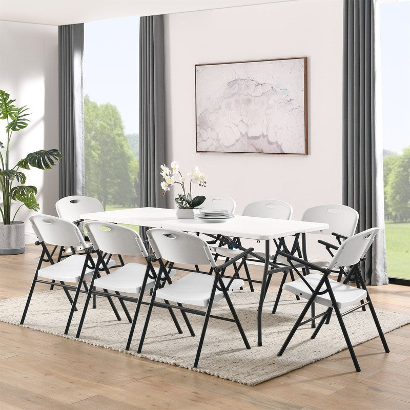 White 6 Foot Fold-in-Half Plastic Table Indoor Outdoor Carry Handle Scratch Resi2