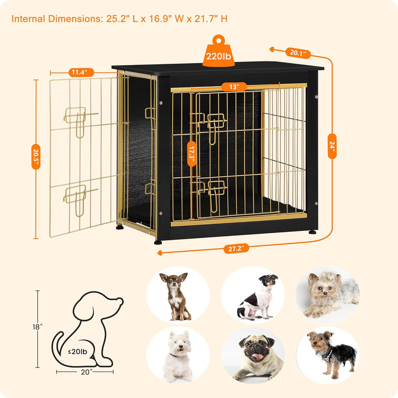 Dog Crate Furniture Table w/Cushion Wooden Kennel Double Door 27.2" Black/Gold1