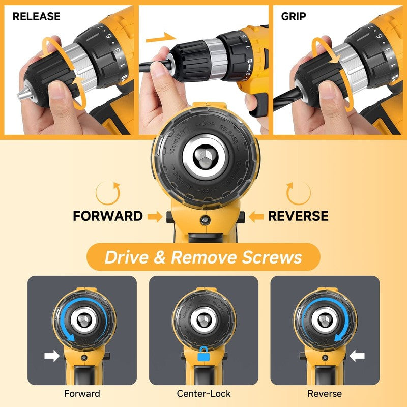 20V Cordless Drill Set 30Nm 21+1 Clutch 3/8in Keyless Chuck Battery Charger4