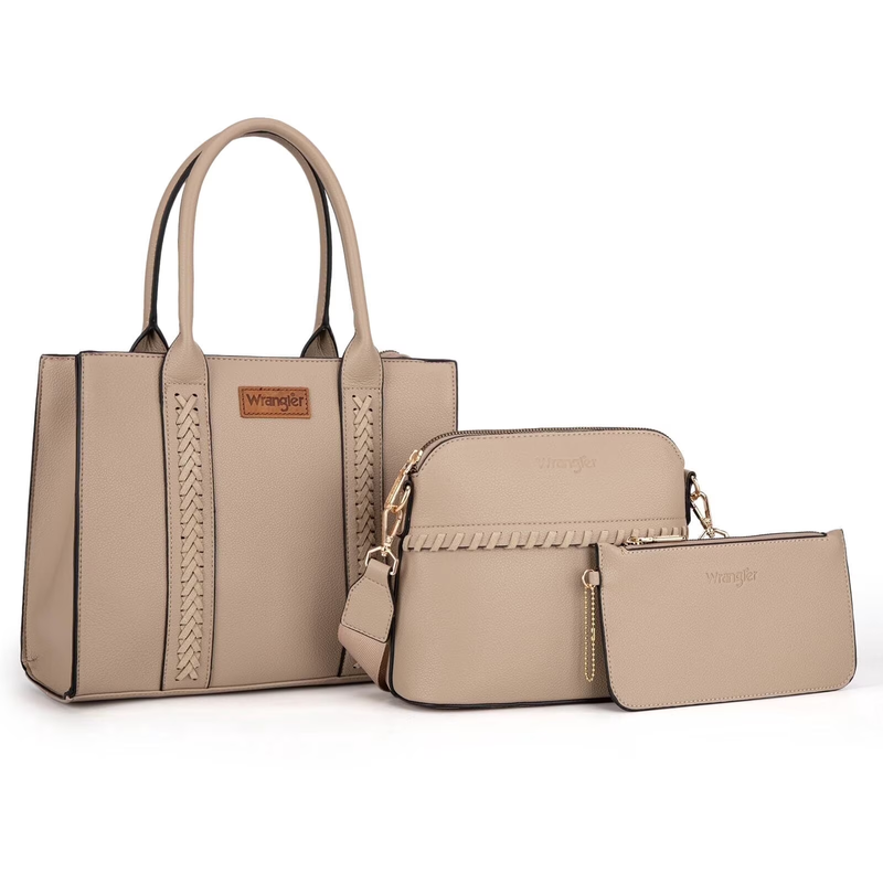 Wrangler 3Pcs Handbags Set Tote Bag & Medium Crossbody Purse & Wallet, Tan0