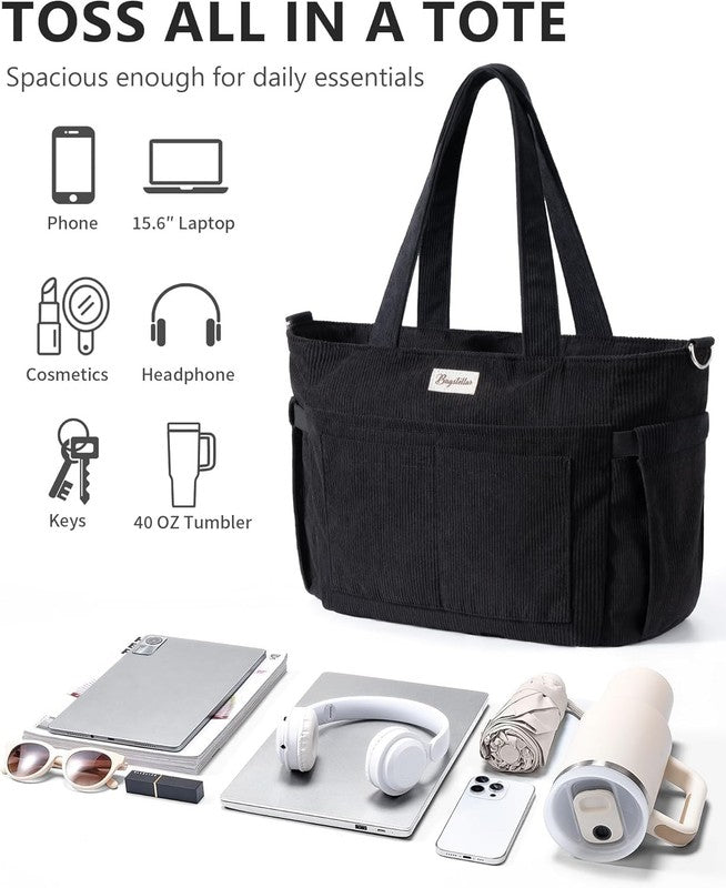 Women Corduroy Tote Bag 17 Pockets Laptop Work Travel Compartment Shoulder Bag4