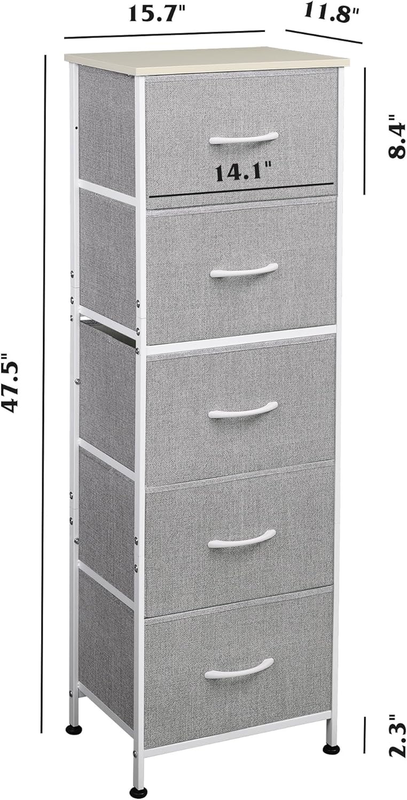 5 Drawer Tall Fabric Dresser Organizer Chest Steel Frame Light Grey2
