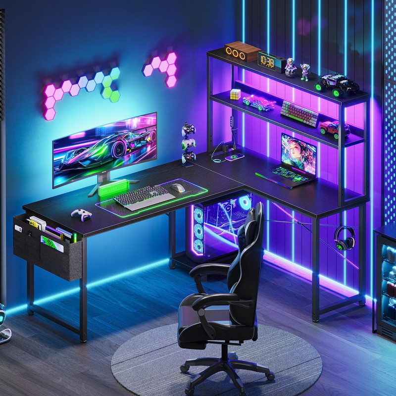 L Shaped Gaming Desk 53in LED Power Outlet Reversible Computer Desk Black1