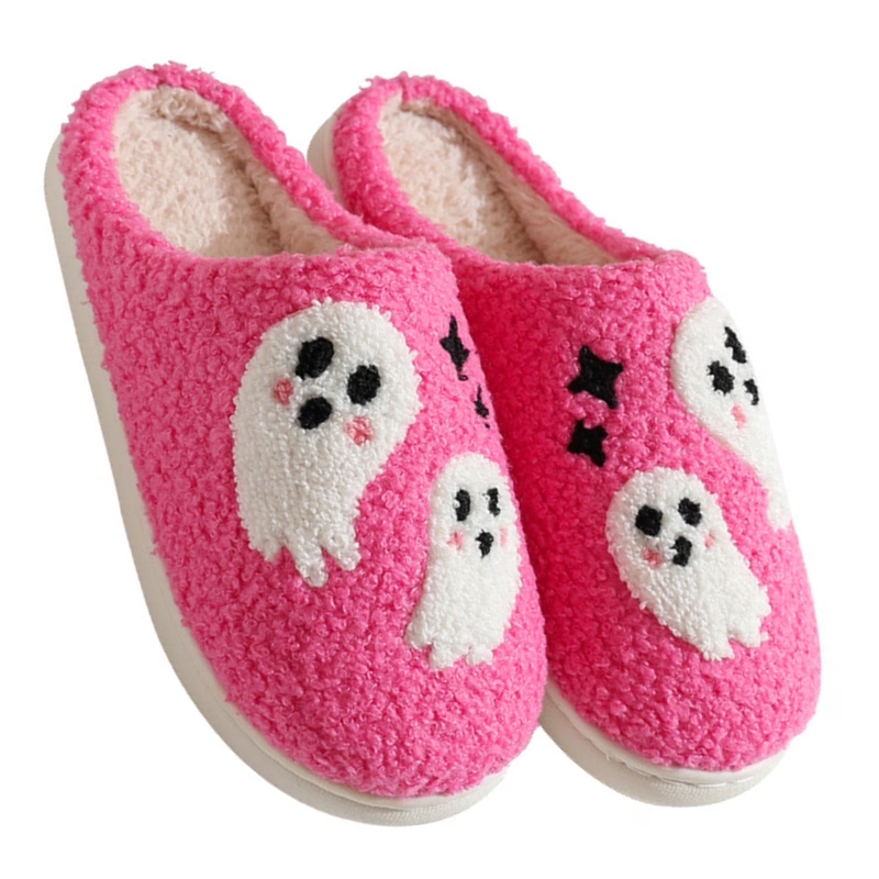 Cute Ghost Plush Halloween Slippers Warm Comfy Slip On for Women & Men Pink10