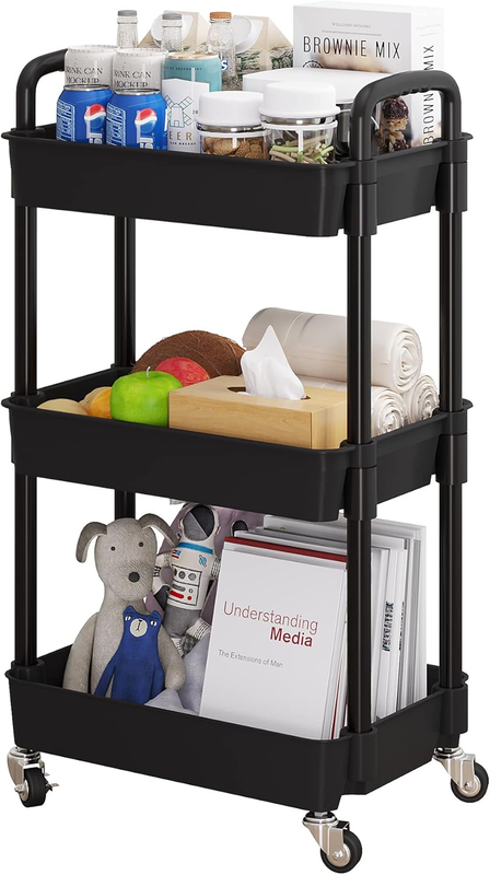 3-Tier Rolling Utility Cart with Labels, Handle & Wheels, Black Storage Rack9
