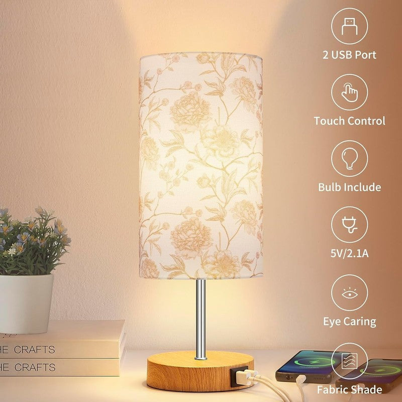 15" Touch Control Table Lamp w/ Dual USB Floral Print 3 Way Dimmable Bedside2