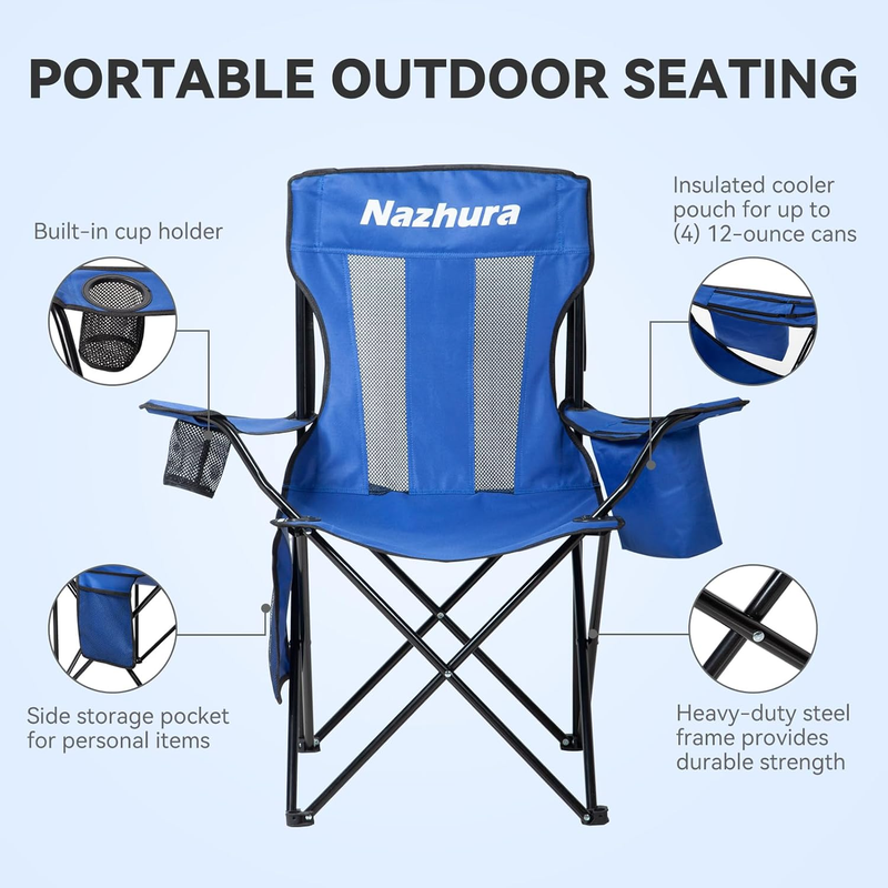 2 Pack Camping Chairs Folding Portable Cooler Bag Mesh Backrest Blue3