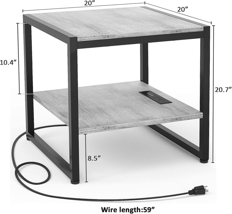 End Table with Charging Station, 20 Inch Square Side Table with USB Ports & Powe2