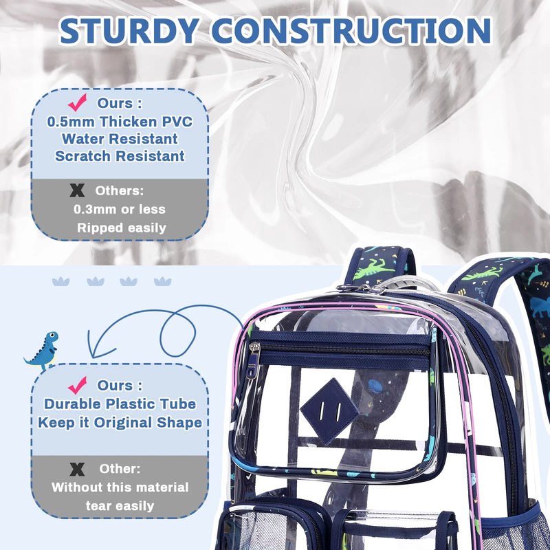 Large Clear Book Bag Waterproof See Through Backpack Navy Dinosaur1
