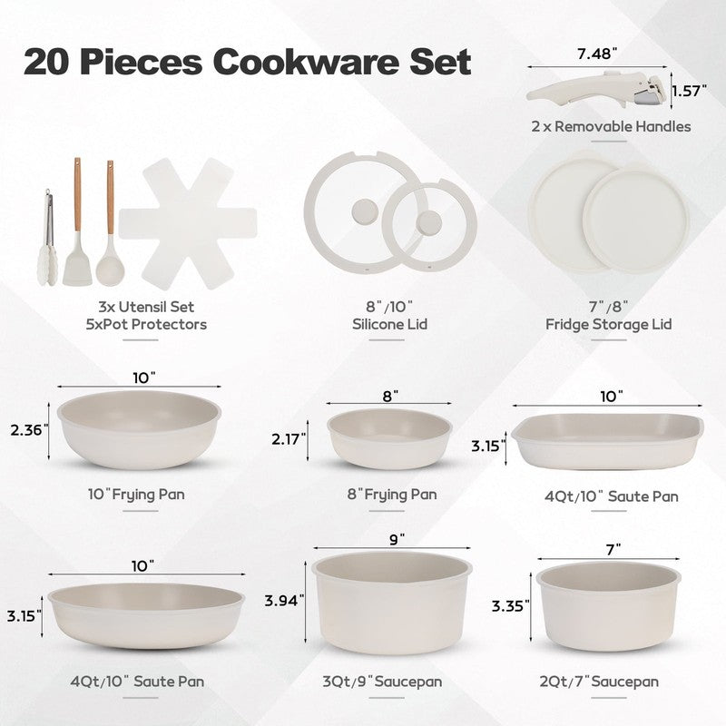 20 Piece Ceramic Pots and Pans Set Non Stick, Cookware Set with Detachable Handl1