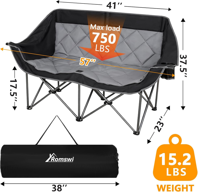 Double Camping Chair 2-Person Oversized Folding Loveseat Heavy Duty 750LBS1