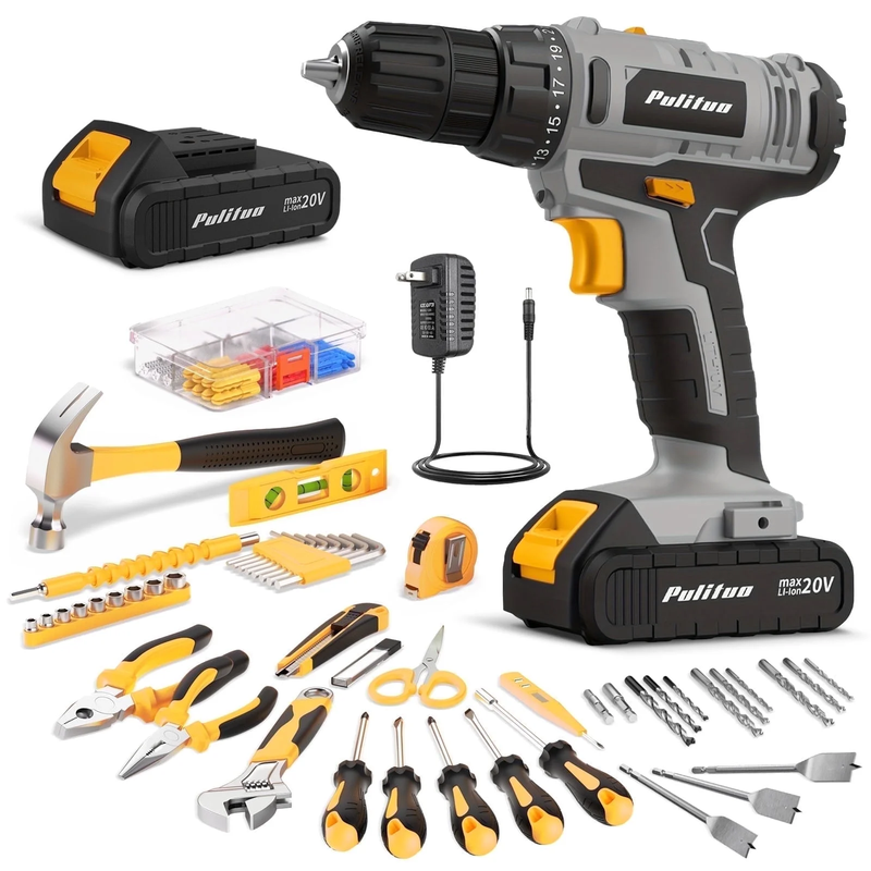20V Cordless Drill Driver Kit 238Pc Home Tool Set 2 Batteries 21+1 Torque Yellow6