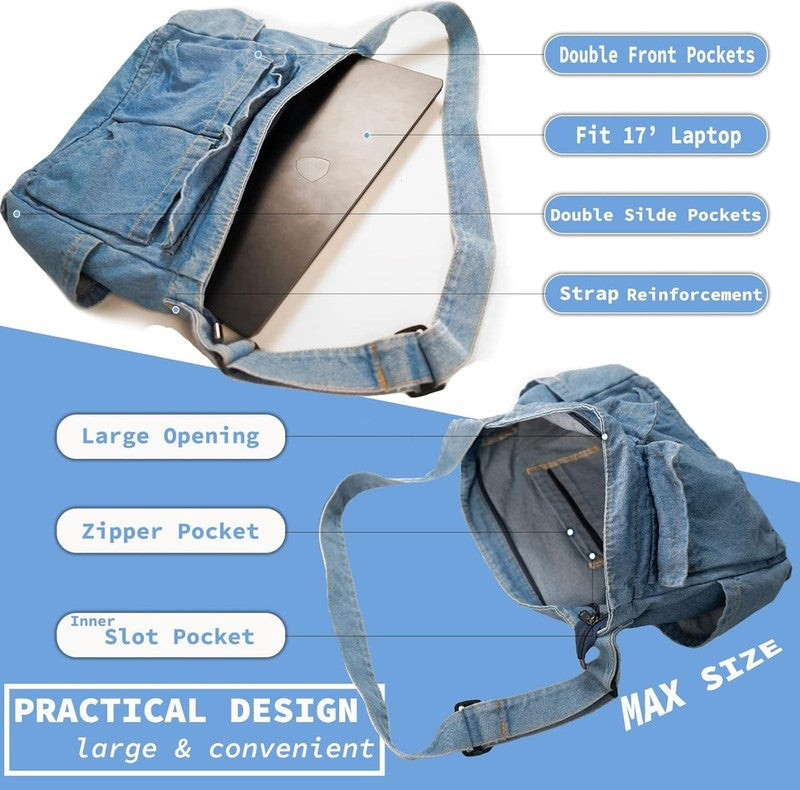 Canvas Messenger Bag Large Hobo Crossbody Multiple Pockets Shoulder Tote Unisex4