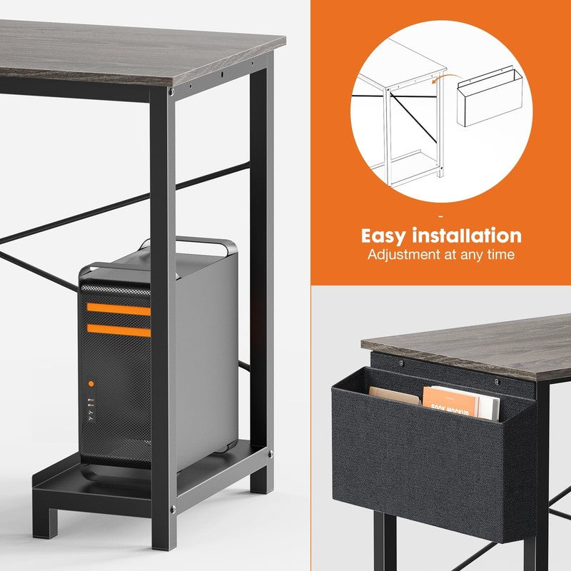 49" Modern L Shaped Computer Desk w/ Storage Shelf & Side Bag Gray2