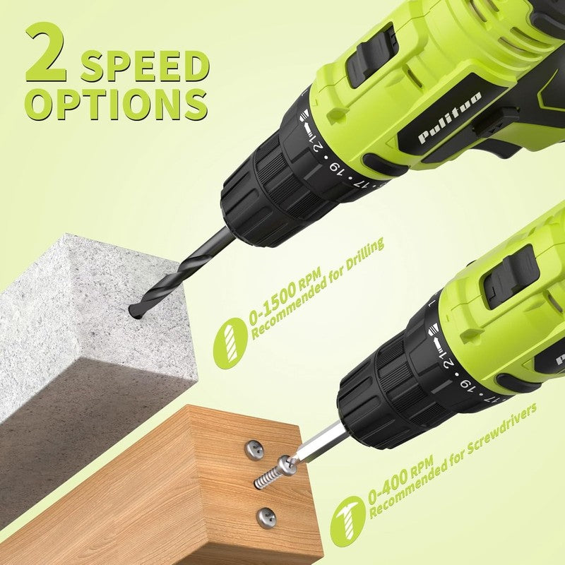 20V Cordless Drill Driver Kit 30Nm 21+1 Torque 2-Speed LED 2 Batteries Green6