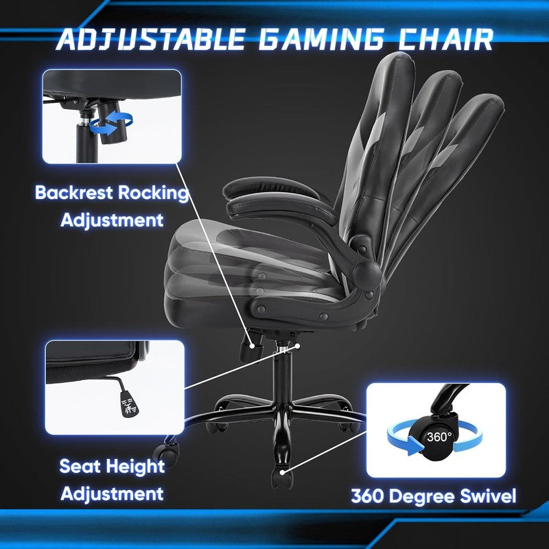 Big & Tall Office Gaming Chair Leather Swivel Desk Flip Up Arms Grey5