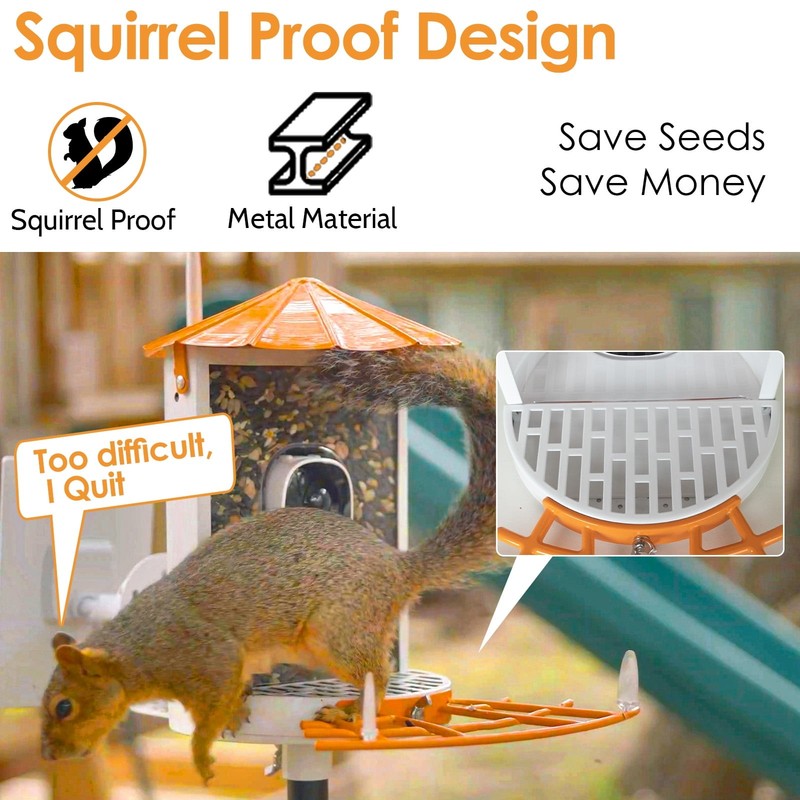 Smart Bird Feeder w Camera Metal Squirrel-Proof AI ID Solar Panels Orange2