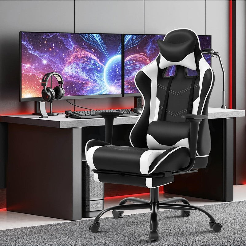 Ergonomic PU Leather Office Chair with Lumbar Support & Footrest (White)1