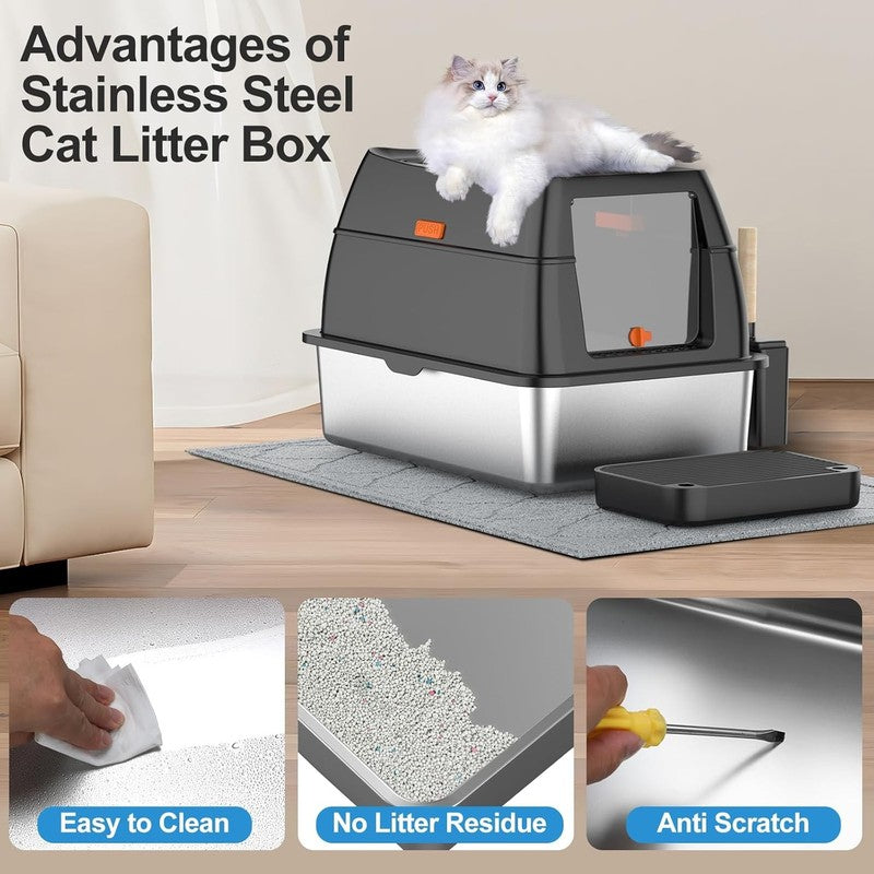 Stainless Steel Litter Box with Lid,Front Entry Top Exit Kitty Litterbox,Extra L6