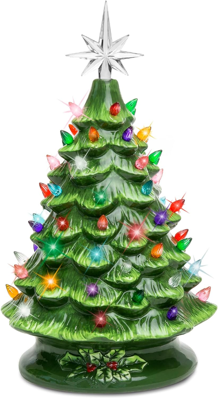 15In Ceramic Christmas Tree, Pre-Lit Hand-Painted Tabletop Holiday Tree, Star To0