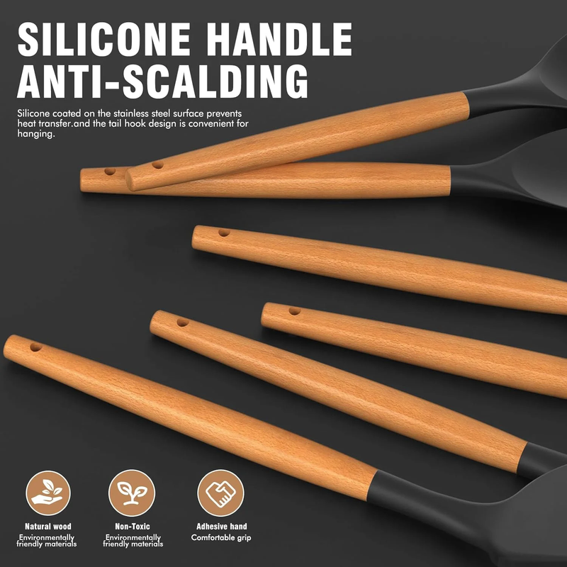 Silicone Kitchen Utensil Set Wooden Handle Holder Heat Resistant Black1