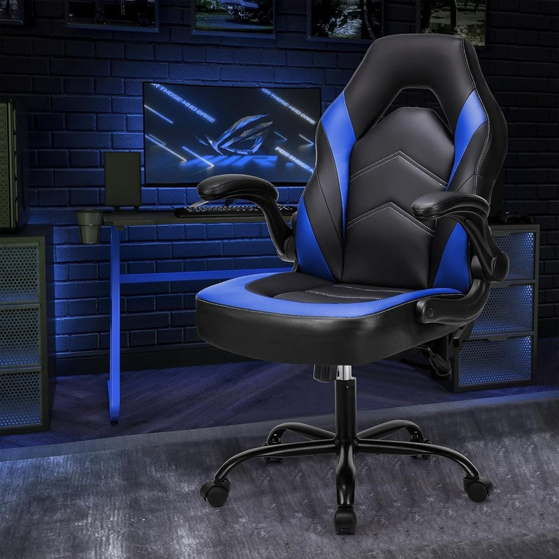Gaming Office Chair PU Leather Ergonomic Swivel Flip Up Arms Lumbar Blue6