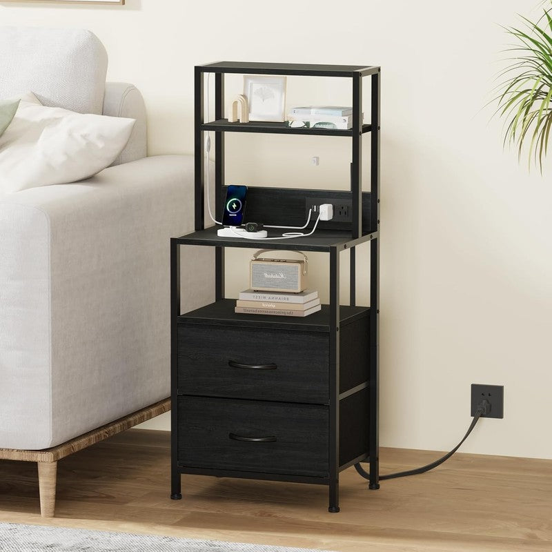Tall Nightstand 4 Tier w/ 2 Fabric Drawers & Charging Station Black Oak2